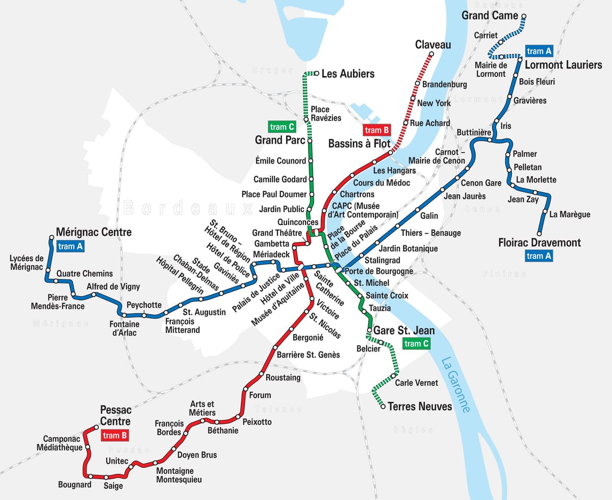 Bordeaux ruta de tranvía mapa